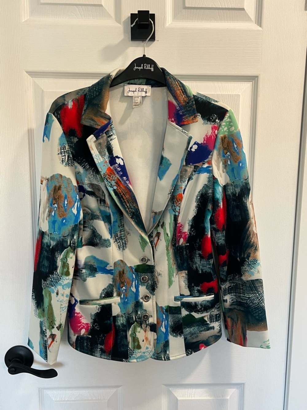 Joseph Ribkoff Abstract Multicolor Notched Blazer